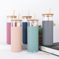 Silicone Sleeve Glass Water Cup With Bamboo Lid